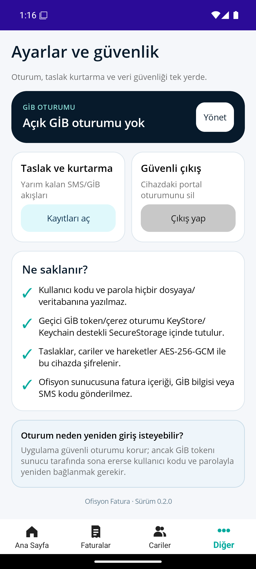 Ofisyon Fatura ayarlar ve güvenlik ekranı