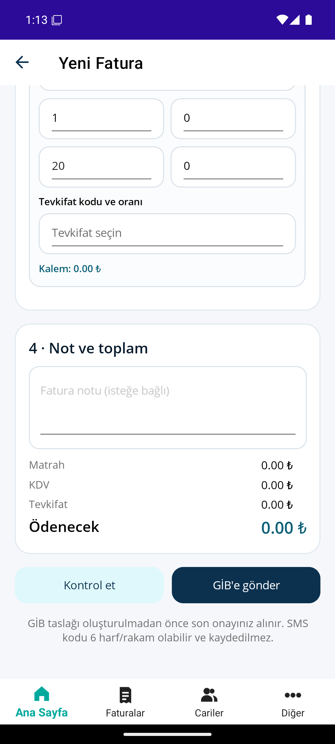 Ofisyon Fatura tevkifatlı fatura toplam ekranı